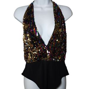 Privy Black Multi-Colored Sequined One Piece Swimsuit Bottom Snap Closure.